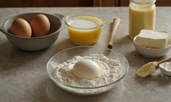 Preparing fresh homemade dough ingredients on a kitchen countertop ambiance