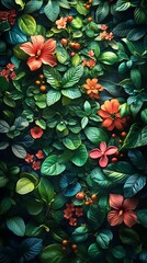 Fototapeta premium Lush Green Leaves and Colorful Red and Pink Flowers Vibrant Botanical Mobile Wallpaper Vertical HD Aesthetic Background