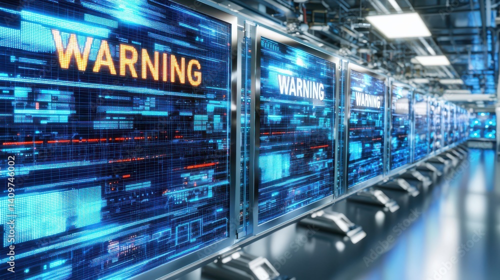 Aufkleber warning signs displayed on high-tech computer screens in a modern office environment