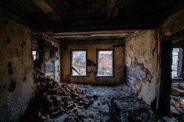 Burned room interior in apartment house. Consequences of fire concept