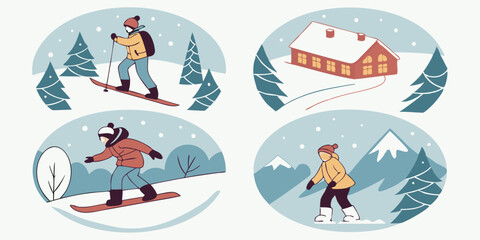 Winter Cartoon Landscape Scene: Skiing, Snowboarding, Snowshoeing, Snowy Cabin, Mountains, Trees Flat Design