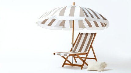 Beach Chair with White Umbrella on a Minimalist Background


