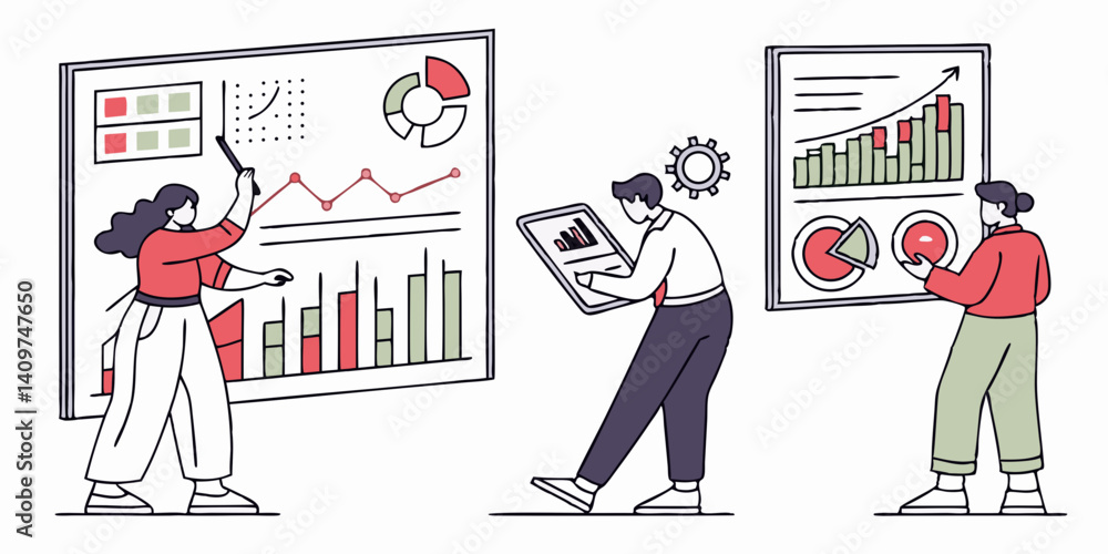 Poster business team data analysis presentation with charts and graphs vector illustration