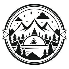 Mountain Peak Landscape, Pines, Lake, Tent, Stars, Clouds, Circle Illustration