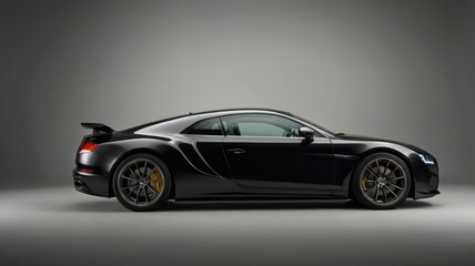 Sleek black coupe, side profile, studio, grey background, automotive advertising