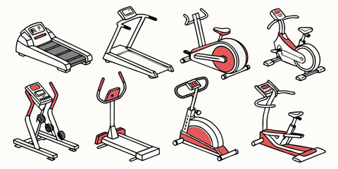 Cartoon Gym Equipment Treadmills Exercise Bikes Elliptical Trainers Illustration