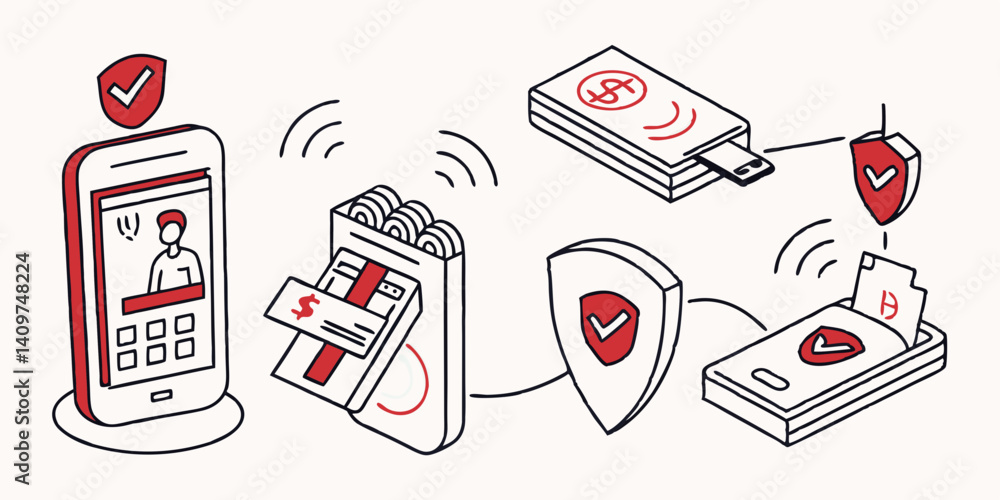 Aufkleber secure digital payment system isometric illustration: mobile & online transactions with security shi