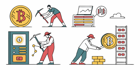 Cartoon Bitcoin Mining Illustration: Cryptocurrency, Blockchain, Pickaxes and Servers