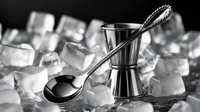 Cocktail preparation tools - spoon and jigger with an ice cube background.
