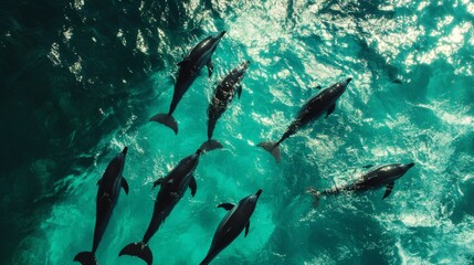 Dolphins swimming ocean aerial view turquoise water wildlife