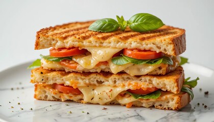 Grilled caprese sandwich layered with fresh basil tomato and melted mozzarella cheese on perfectly toasted bread.
