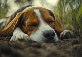 Cute Beagle Dog Sleeping Peacefully in Nature with Green Grass