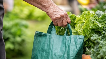 Farmer's market shopper selects greens, reusable bag