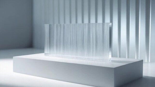 Striped texture acrylic sheet. Transparent linear prismatic panel, extruded linear ribbed acrylic material. Minimalist abstract graphic design element. Close-up view of clear transparent plexiglass.
