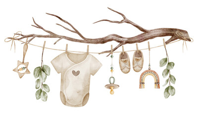Watercolor Baby clothes and accessories hanging on a branch. Onesie, shoes, pacifier, wooden toys and leaves. Illustration of childish garland in boho style for Baby shower or newborn greeting cards.