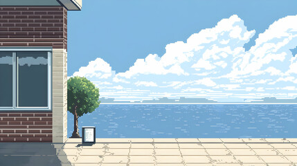 Pixel Art Seascape with Brick Building and Tranquil Cloudy Sky Above Calm Ocean Horizon Scenery