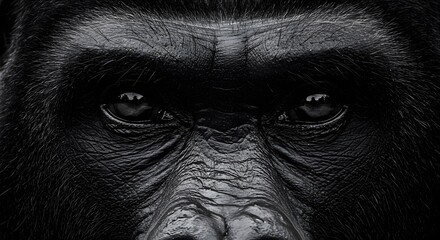AI image delivers an extremely intense black and white macro photograph focusing on the deep, soulful eyes of a powerful gorilla.