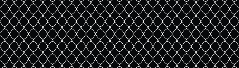 Fototapeta premium Minimalist repeating chain-link fence pattern in white on black. Symmetrical diamond grid design, flat vector illustration. Seamless geometric backdrop for technical, neutral themes.