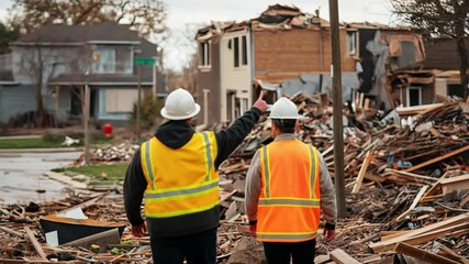 Two workers in safety vests evaluate the destruction left by a recent storm in a neighborhood