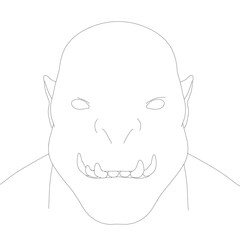 A drawing of a Orc with a mouth full of teeth. The monster has a menacing look on its face