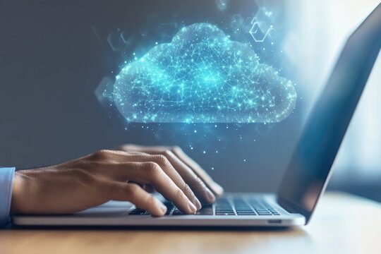 Cloud computing visualized; person using laptop, digital cloud icon above