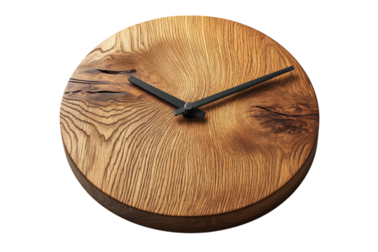 Rustic oak wood wall clock with black hands minimalist design perfect for on transparent background