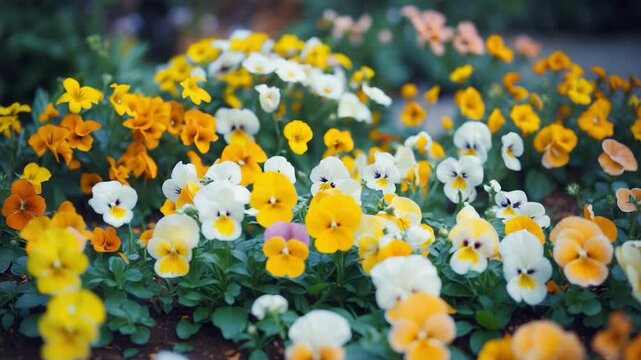 Close-up of lively yellow, orange, and white pansy blossoms, forming a floral backdrop abundant with blooming colorful flowers and green foliage.
