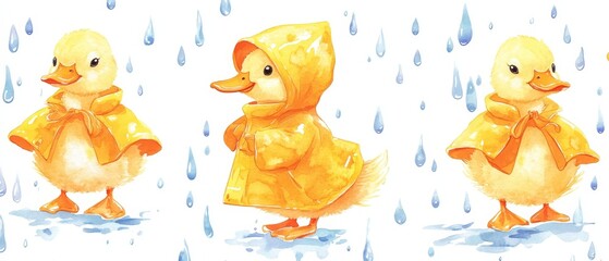 Three ducks are walking in the rain, wearing yellow raincoats