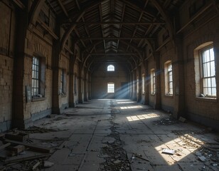 Fototapeta premium Old warehouse with light streaming through cracks.