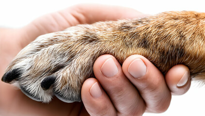 A close-up of a human hand gently holding a dog's paw, symbolizing the bond between pets and their owners in a loving, caring relationship.