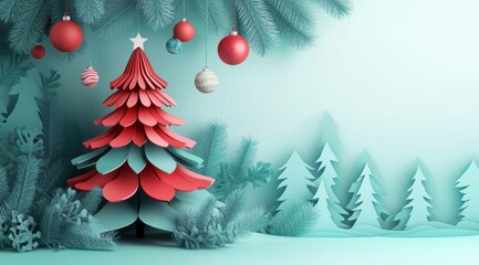 Christmas tree in the style of paper cut, with a 3D effect, in a red and green color palette. 