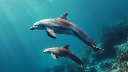 Fototapeta premium Dolphins swimming ocean coral reef sunlight marine life underwater nature