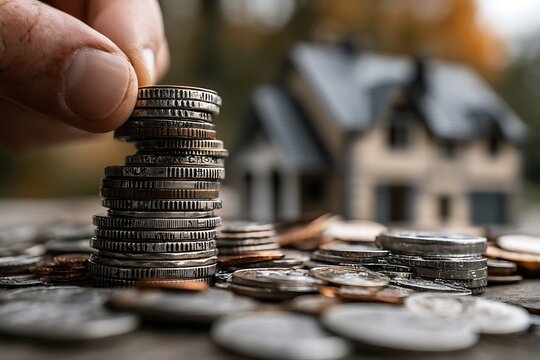 A gold stack of coins on the table represents business wealth and financial growth A hand rests on a stack of coins. Additional coins are placed next to the stack. In the background is the shape of a 