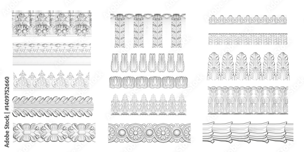 Poster three sets of decorative lines are shown, each with a different design. the lines are all white and 