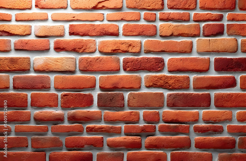 Poster a close-up view of a rustic red brick wall, showcasing the unique texture and color variations that 