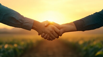 Golden Hour Handshake Partnership Teamwork and Agricultural Success