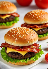 A close up view of beef burgers display on white background.
