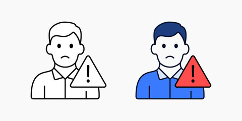 Employee with red alert icon. Symbol for staff warning, HR issue, or user error. Includes outline and color versions for business or system alert visuals.