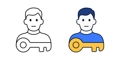 User with access key icon. Symbol for login credentials, account access, or permission management. Includes outline and color versions for tech and security UI.