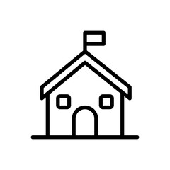 A simple black and white drawing of a house with a flag on the roof. The house is small and has a white trim