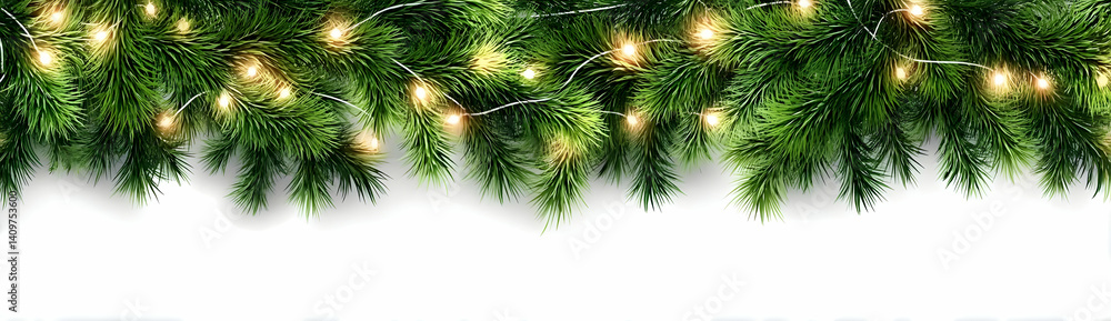Poster a festive arrangement of evergreen branches adorned with sparkling lights, ideal for creating a joyf