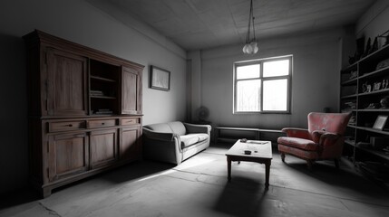 Empty living room with vintage furniture and natural light through window. anhedonia concept symbolizing emotional numbness, anhedonia, loss of joy 