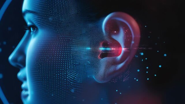 Digital sound waves are entering a human ear, representing innovative hearing solutions, audiology advancements, and the future of sound perception