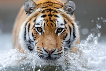 Obraz premium A majestic tiger prowls through shallow water, showcasing its powerful physique and stunning striped coat, exemplifying wild beauty and grace.