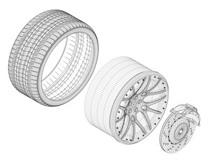 A tire is shown in a close up with the rim and hub. The tire is shown in a 3D drawing. Isometric view. 3D