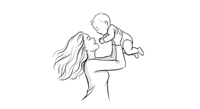 Illustration of a mother playfully lifting her newborn baby, their faces glowing with love and happiness. Isolated graphic capturing a heartwarming family moment. Transparent PNG file.