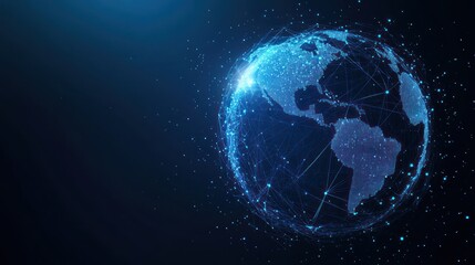 Obraz premium Global network connection, digital earth, dark background, data visualization, website banner