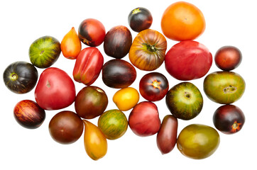 Colorful raw tomatoes: red, yellow, orange, green on a white background. Ripe, juicy, different colors and shapes. Close-up view from above