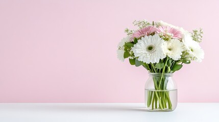 Fototapeta premium Delicate bouquet of pink and white gerbera daisies in a clear glass vase on a pastel pink background
