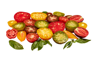 Colorful raw tomatoes cut in half: red, yellow, green, brown and orange. Ripe and juicy tomatoes with basil leaves on white background. Close-up side view